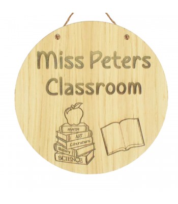 Laser Cut Oak Veneer Personalised Circle Classroom Plaque - Book theme